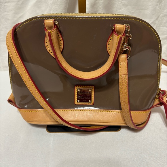 Dooney & Bourke Patent Leather Zip Zip Satchel in taupe brown - Picture 2 of 8